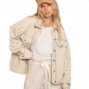 POL Fiona Cream Corduroy Pearl Studded Trucker Jacket Size Medium